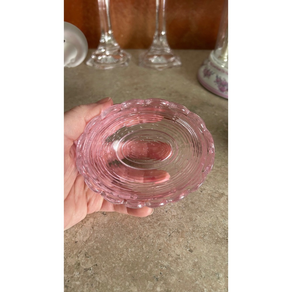 Vintage Mosser Pink Glass Bunny on Nest Trinket Dish Easter Decor 2-Piece Set - Picture 4 of 5